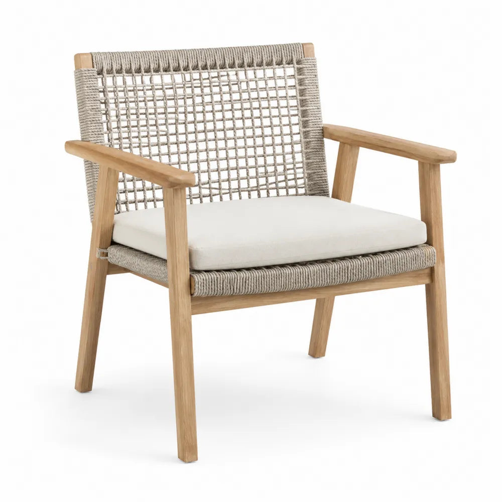 Poltrona da esterno in legno di teak e corda con cuscino bianco