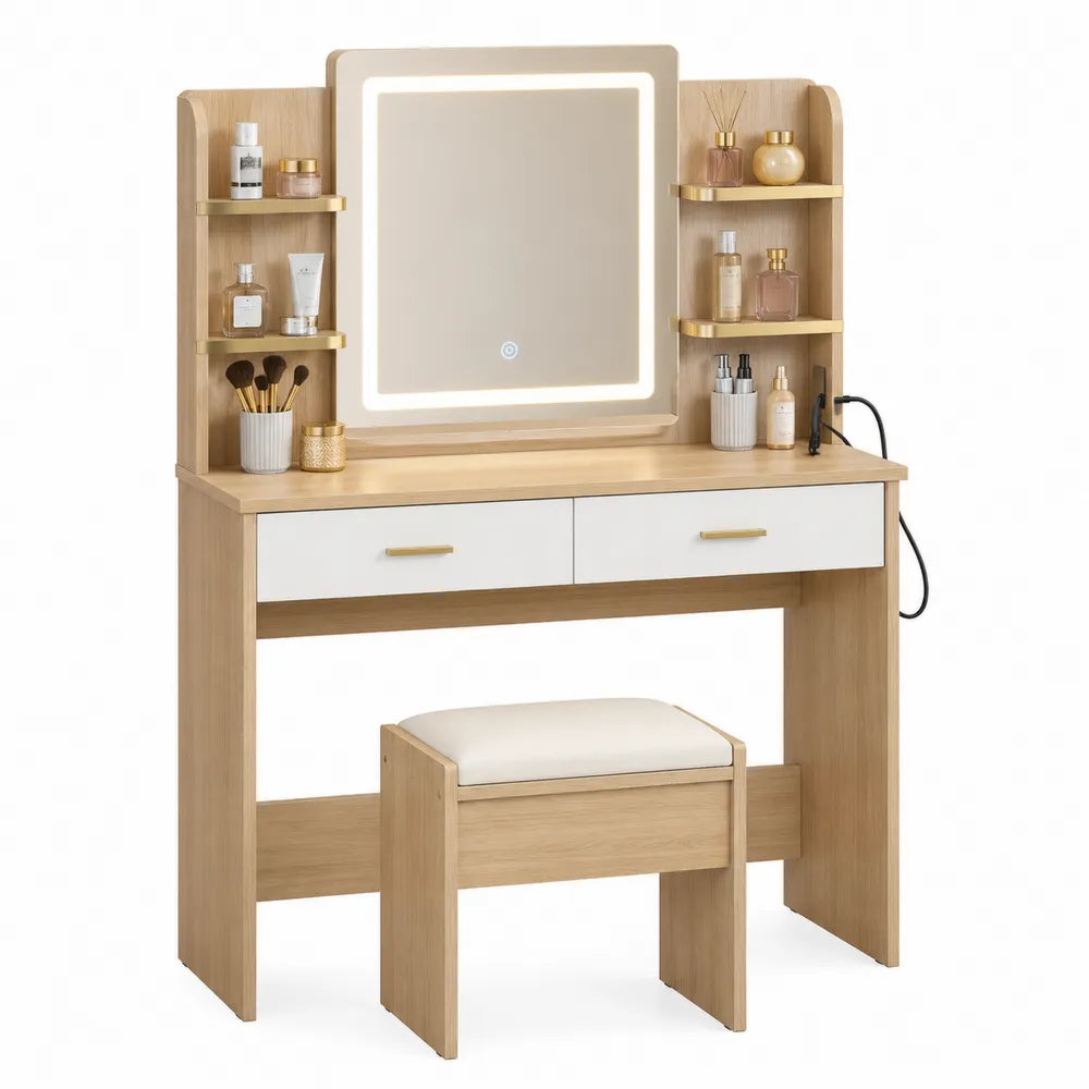 Toeletta in legno chiaro con specchio LED e sgabello imbottito