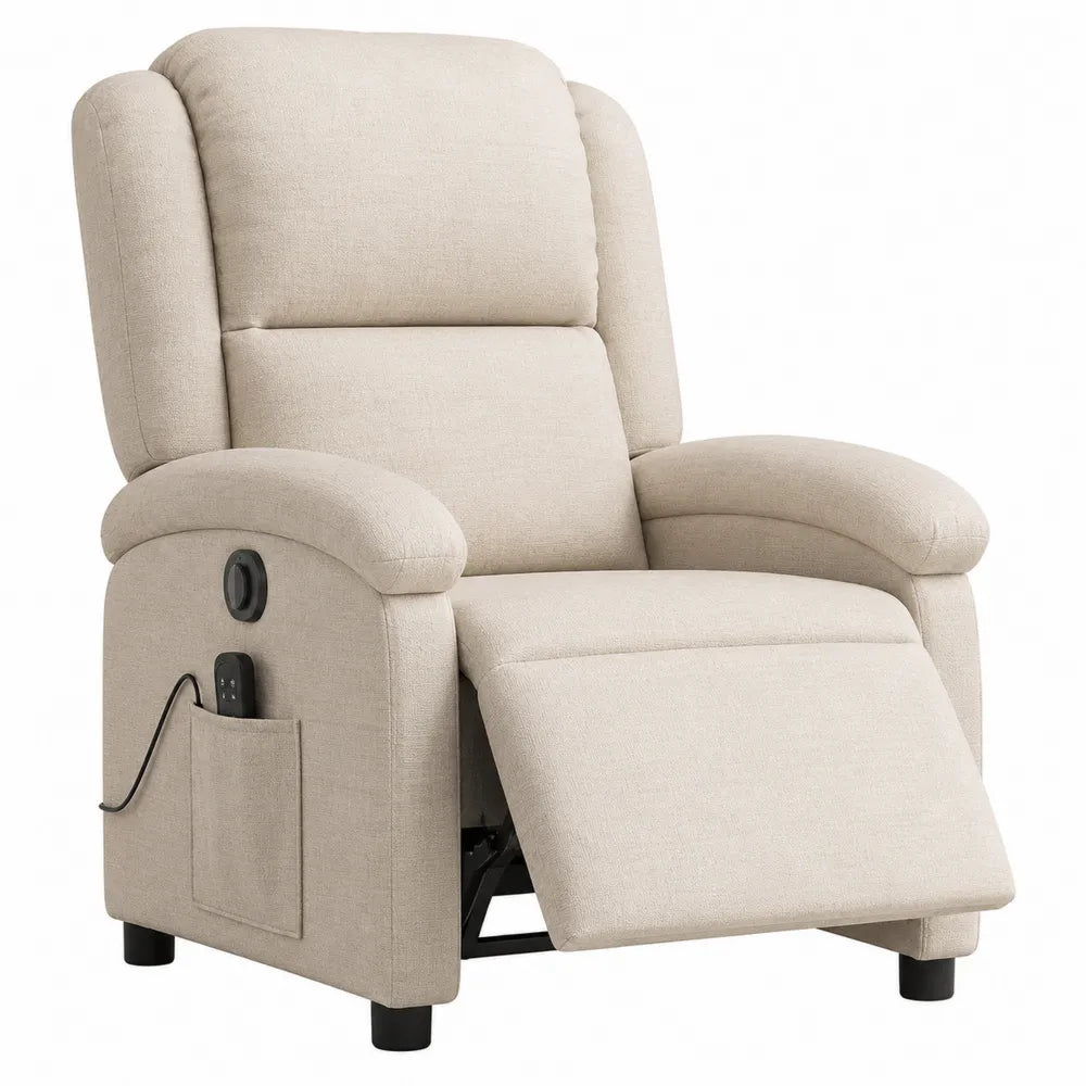 Poltrona reclinabile in tessuto beige con tasca laterale