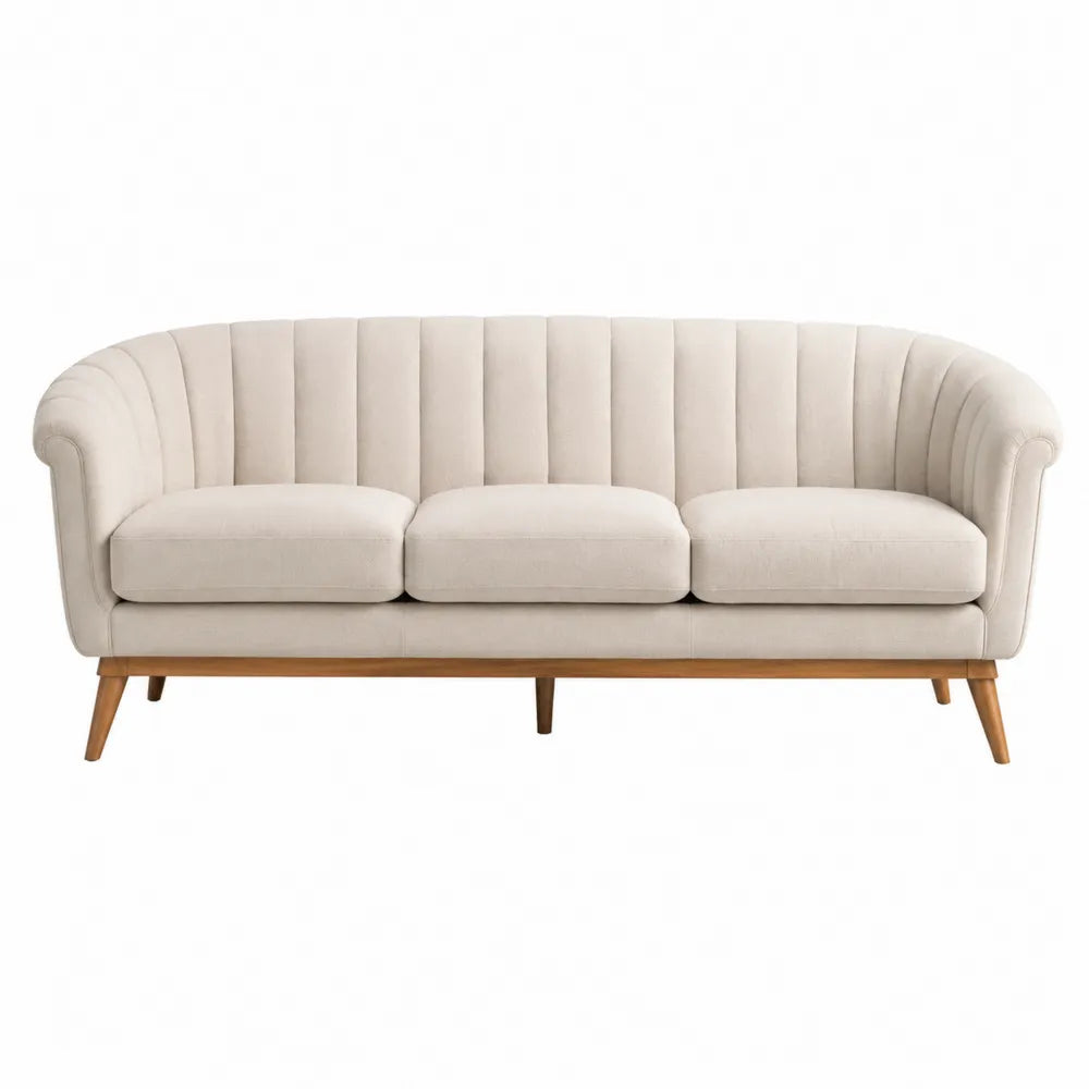 Divano tre posti in legno e velluto beige