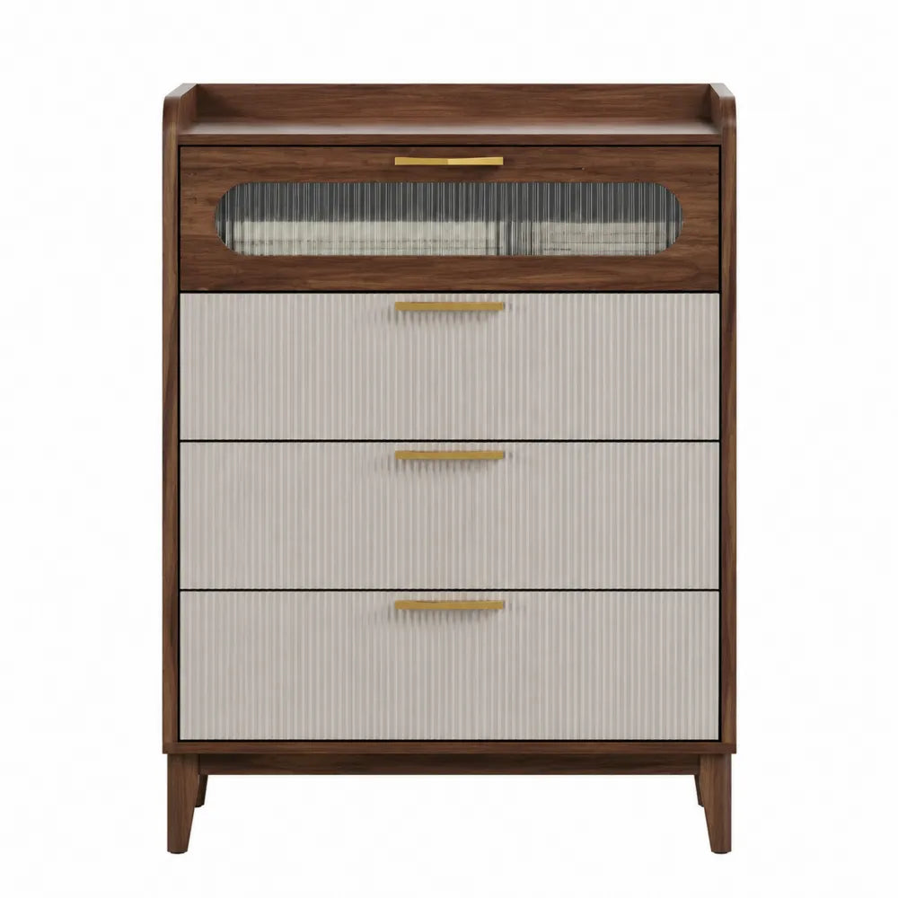 Cassettiera alta in legno con vetro scanalato e 4 cassetti