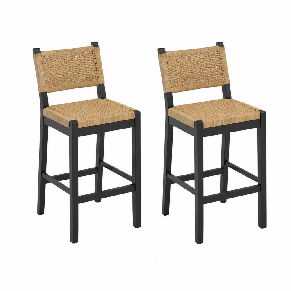Set di 2 sgabelli in legno e rattan intrecciato nero/naturale