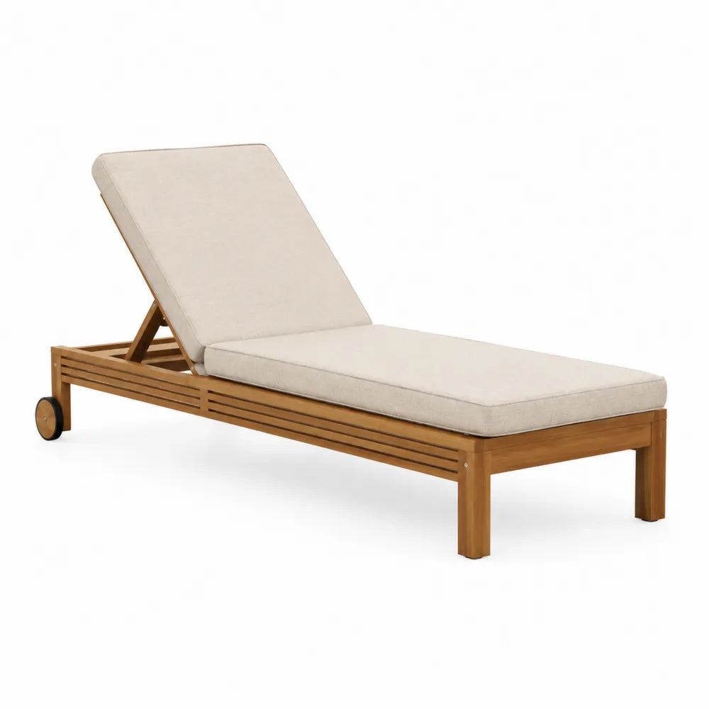 Lettino da giardino in legno di acacia con cuscino regolabile crema