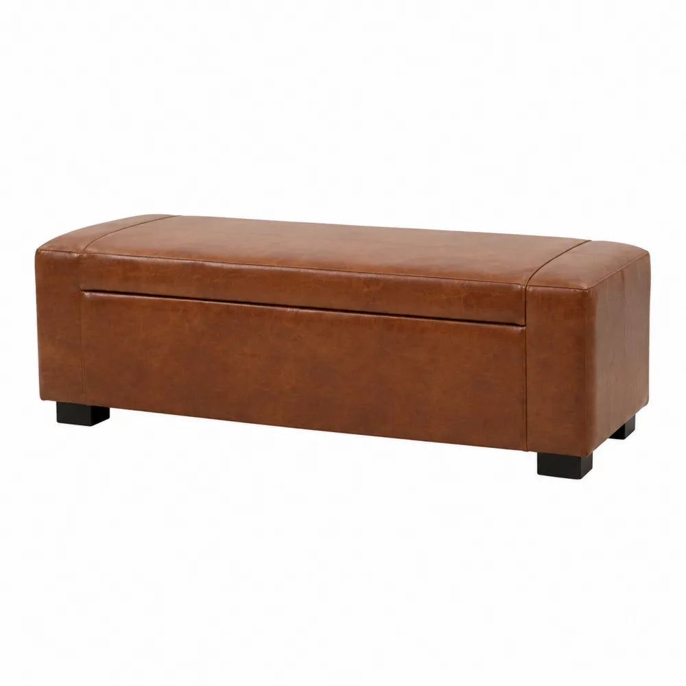 Panca contenitore rivestita in ecopelle marrone con piedi in legno 120x40x45 cm