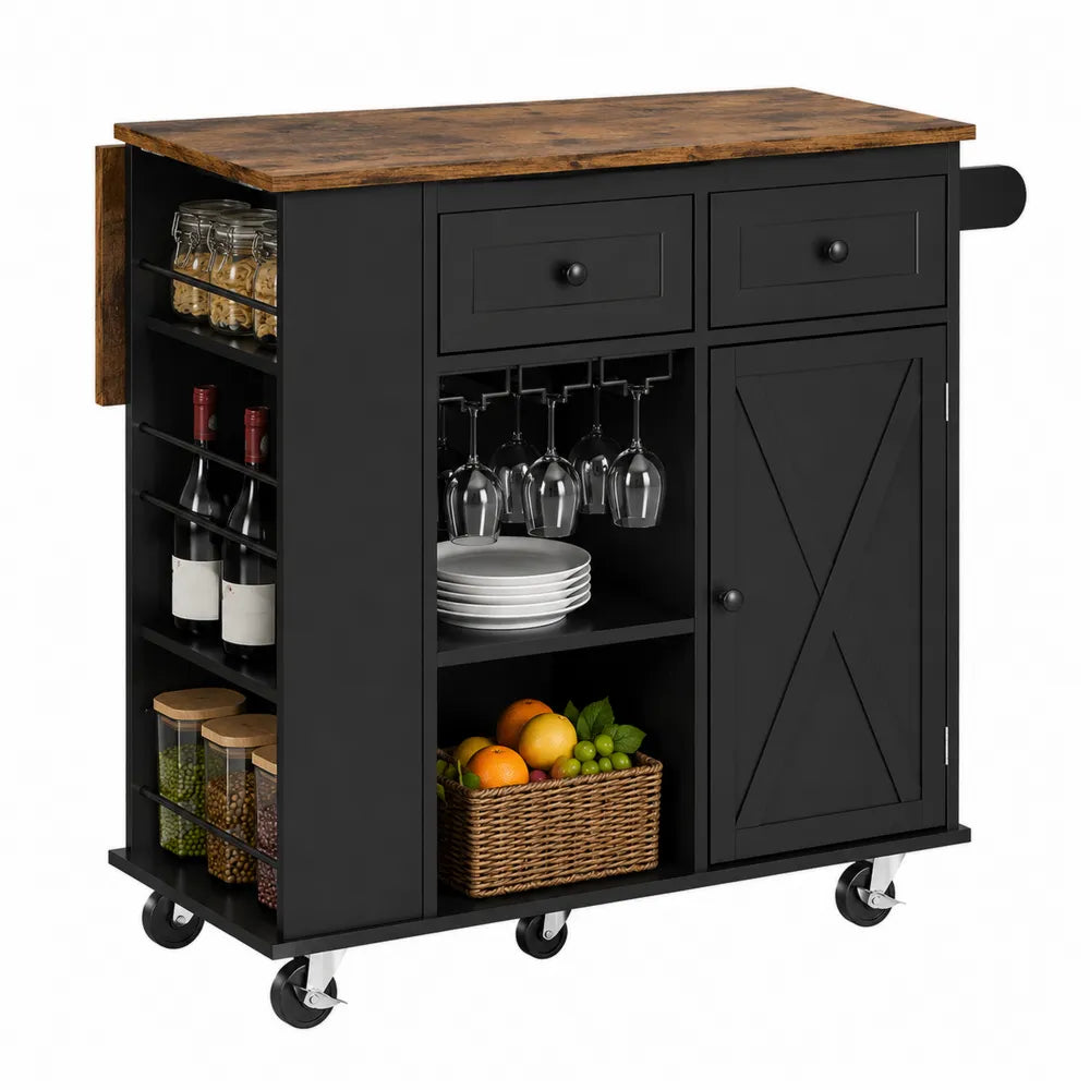 Carrello da cucina nero in MDF con piano in legno massello