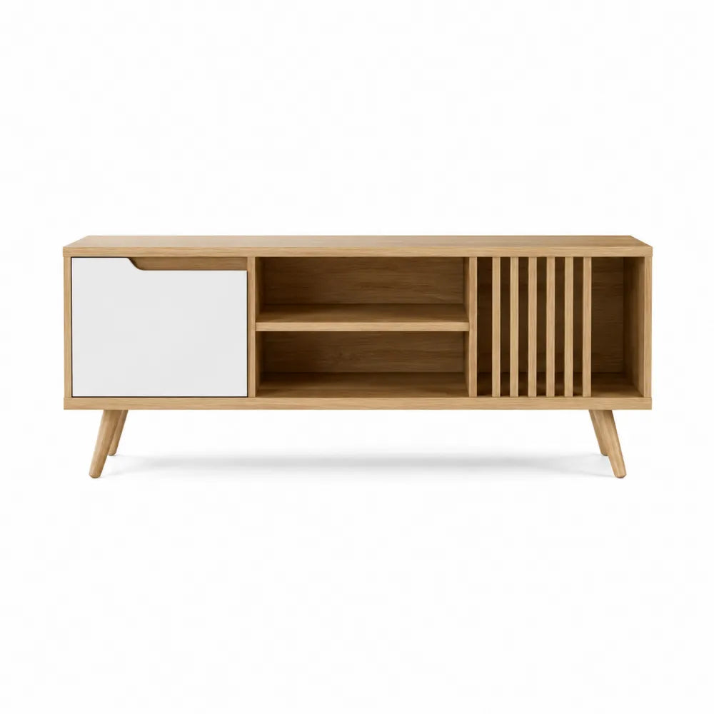Mobile TV in legno di rovere e bianco con mensole