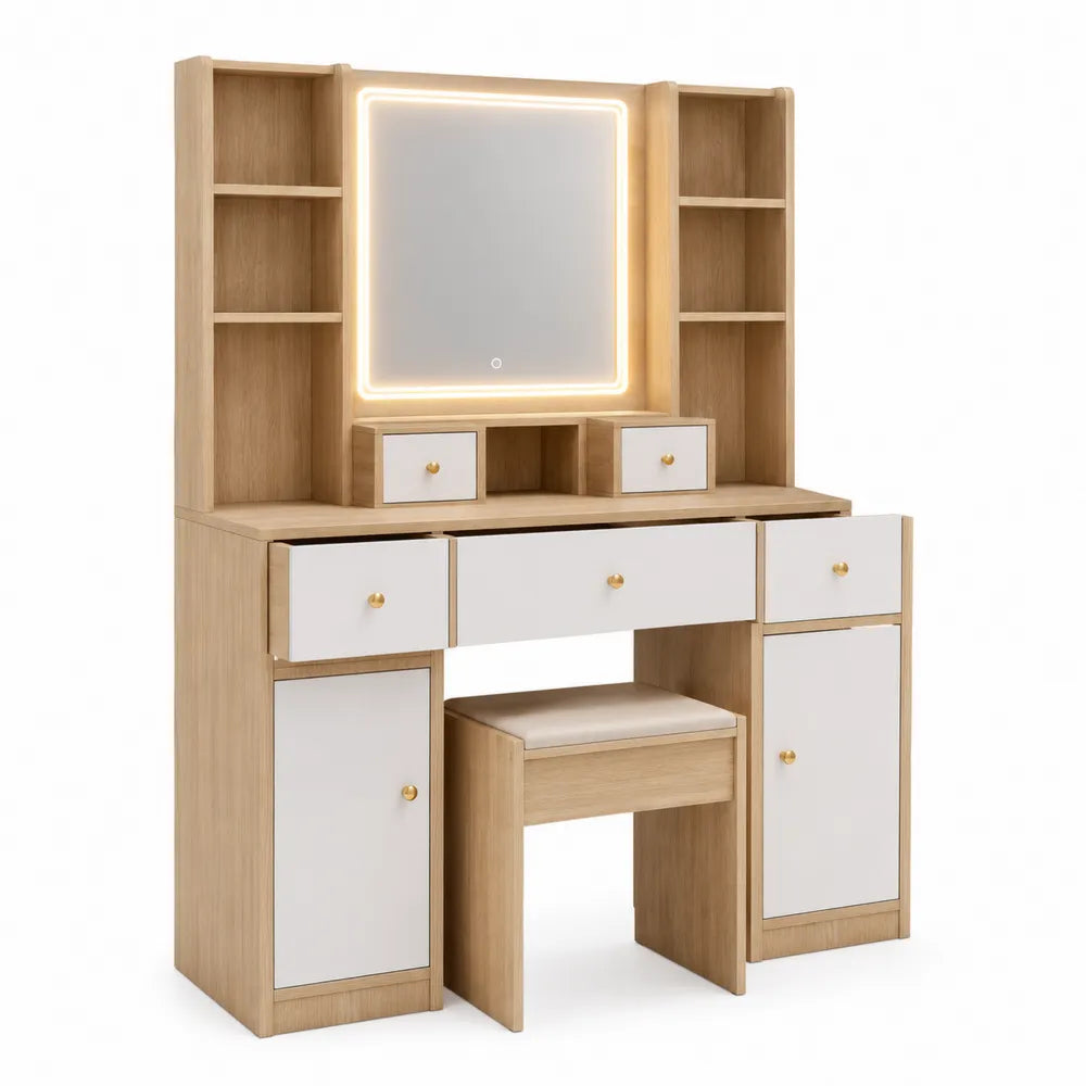 Toeletta con Specchio LED e Sgabello, Legno e Bianco