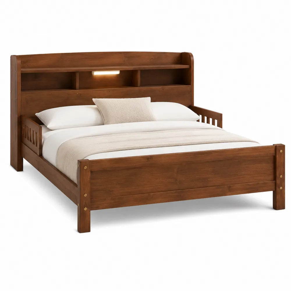 Letto matrimoniale in legno con scaffali e luce integrata, 200x160 cm