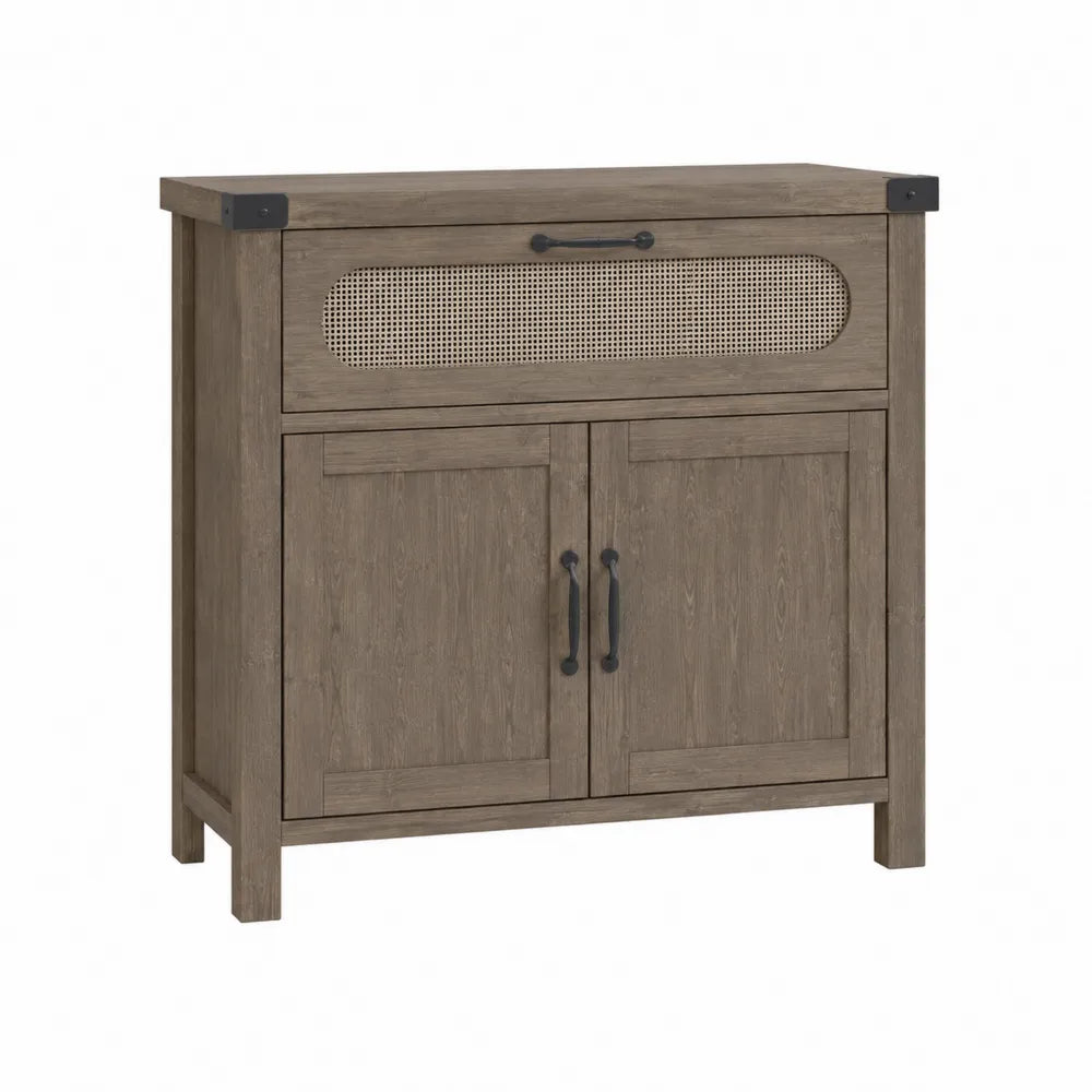 Credenza in Legno con Dettaglio Rattan Mattone 80x35x90 cm