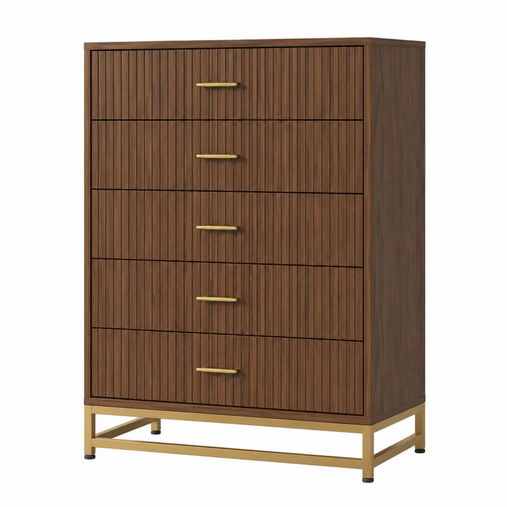 Cassettiera in legno e metallo con cinque cassetti, noce
