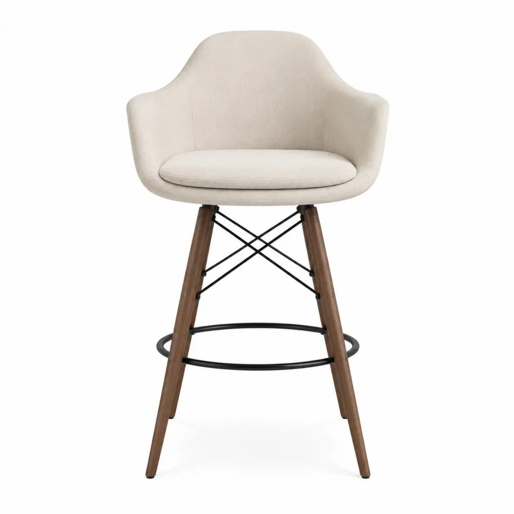 Sgabello da bar in tessuto beige con struttura in legno e metallo