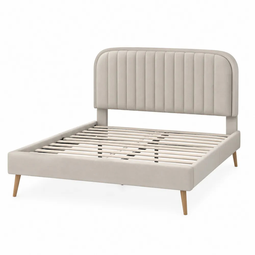 Letto matrimoniale con testiera imbottita in velluto e gambe in legno 160x200 cm