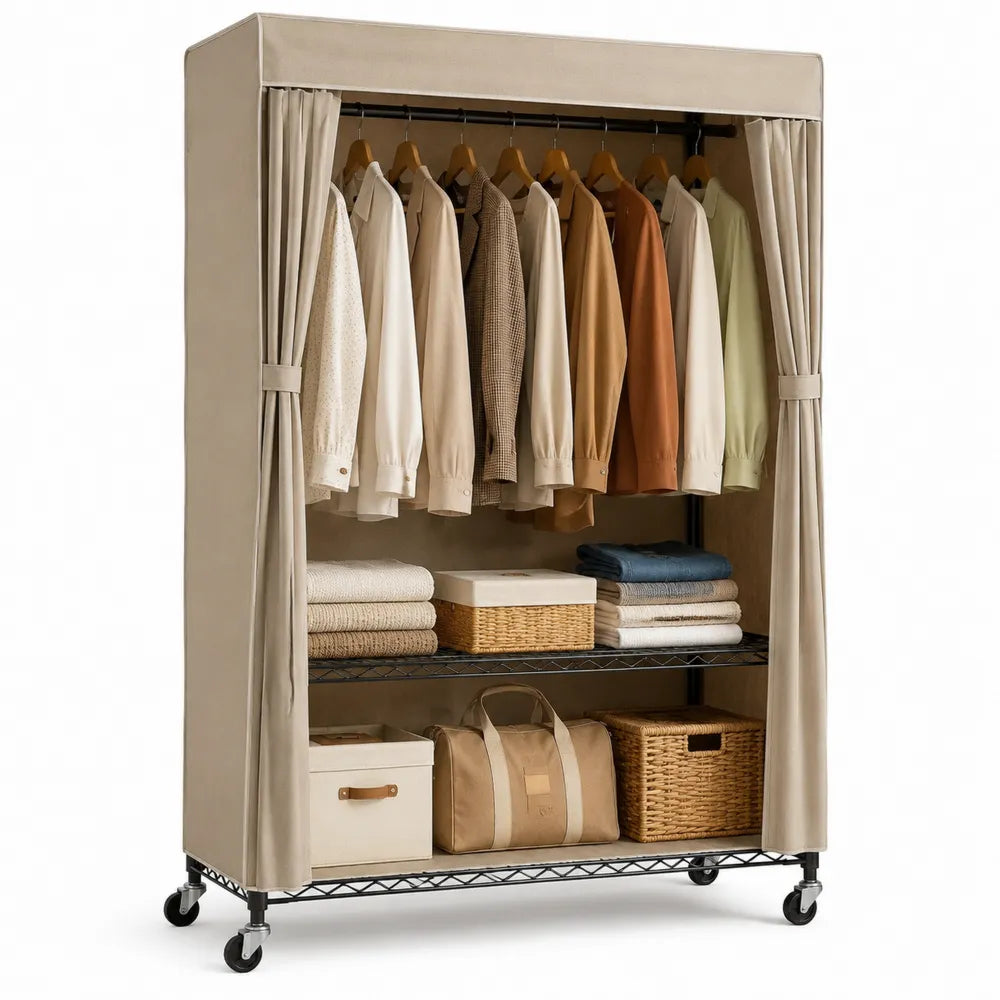 Armadio portatile in metallo con copertura in tessuto beige e ruote