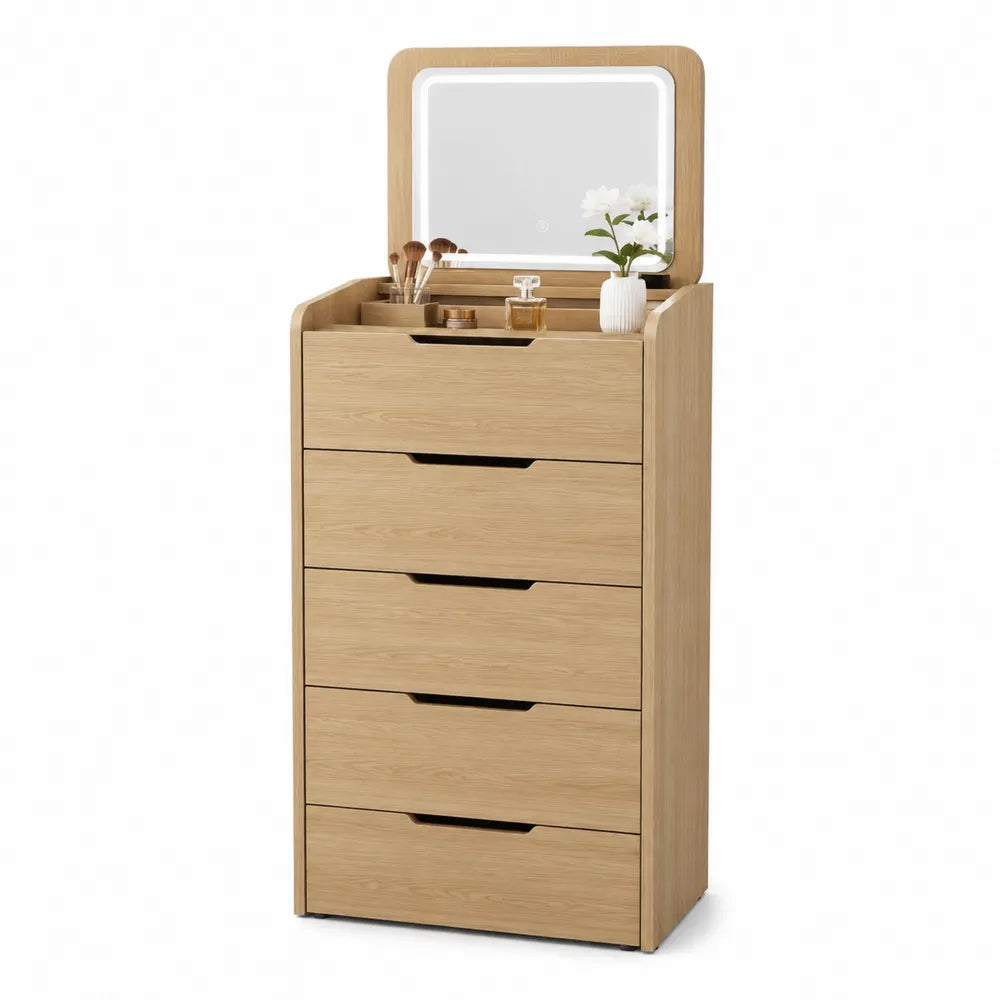 Cassettiera in Legno con Specchio LED e 5 Cassetti