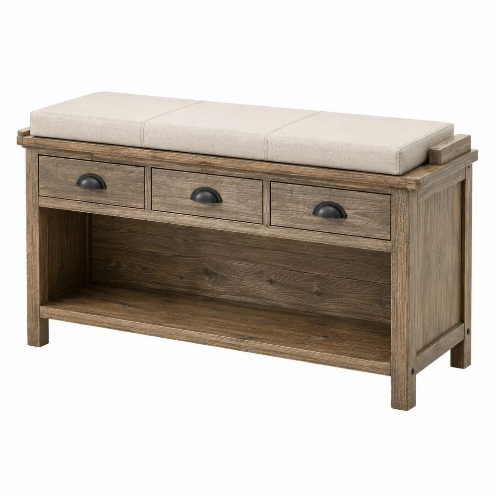 Panca in legno con cuscino in tessuto crema e cassetti