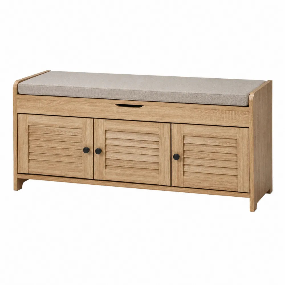 Panca in legno massello di quercia con cuscino in poliestere beige