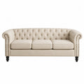 Divano Chesterfield a 3 posti in tessuto di lino beige con capitonné