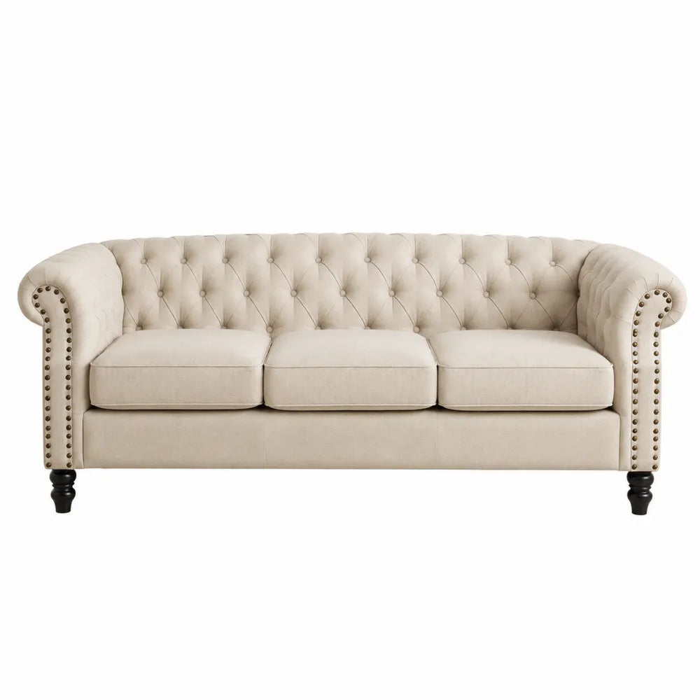 Divano Chesterfield a 3 posti in tessuto di lino beige con capitonné