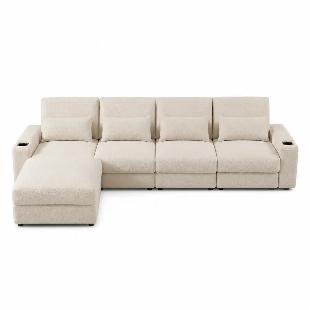 Divano angolare in tessuto beige con chaise longue e portabicchieri