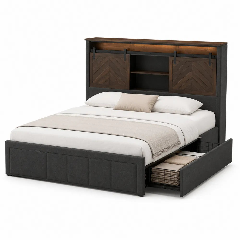 Letto matrimoniale in tessuto e legno con contenitore e cassetti 160x200 cm
