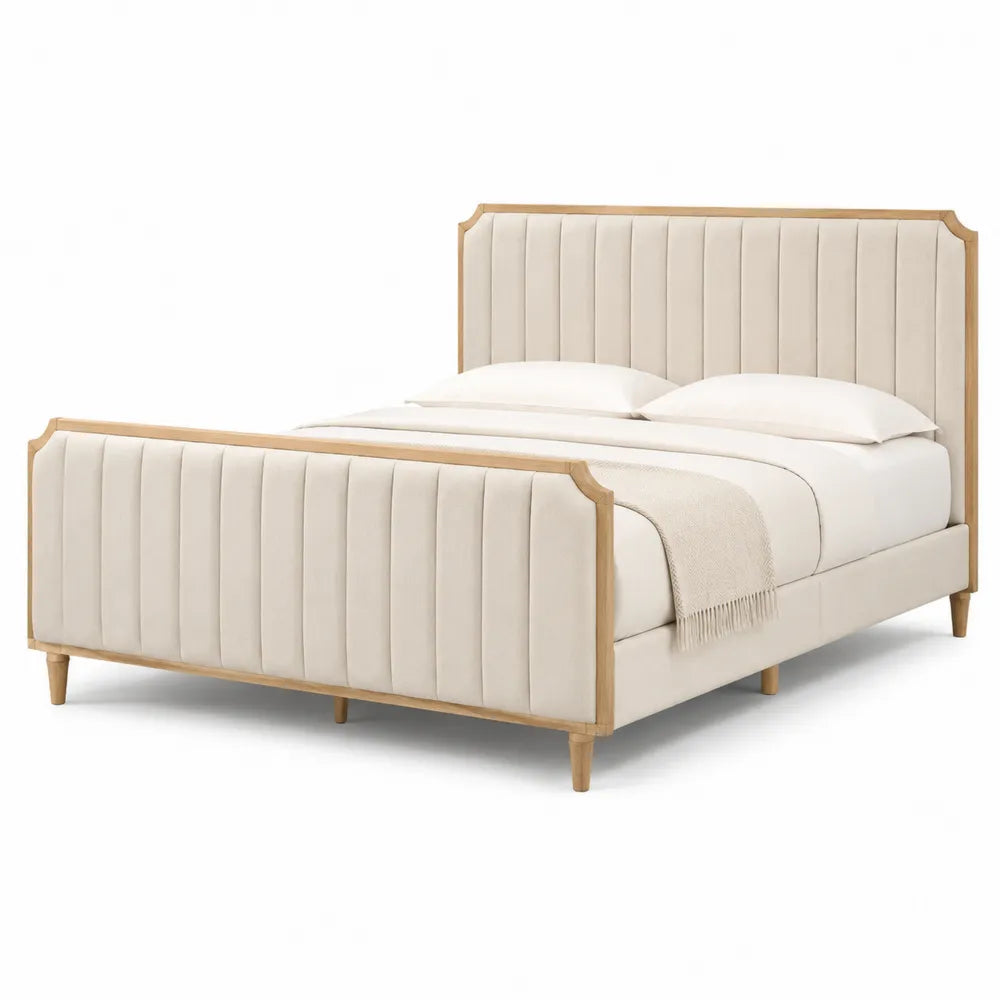 Letto matrimoniale in legno e tessuto beige 200x160 cm
