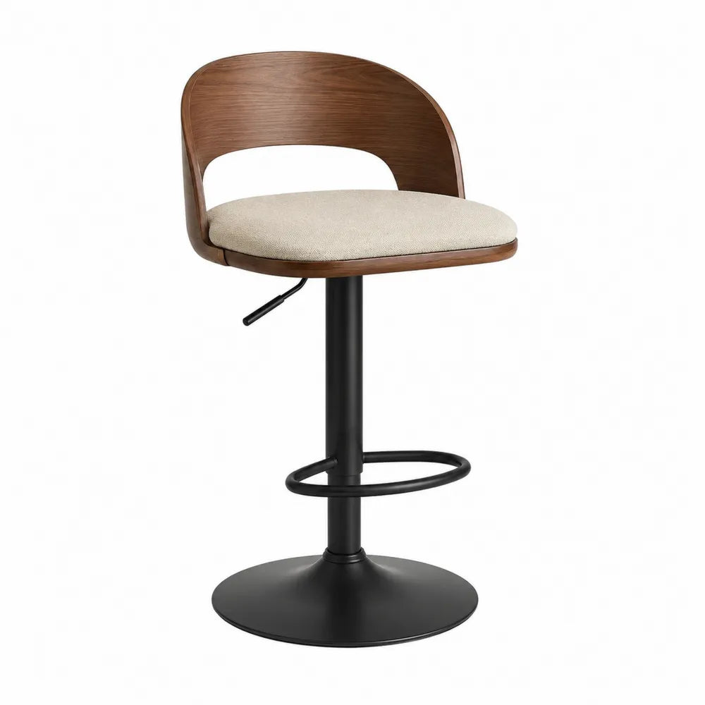 Sgabello in legno e metallo regolabile con seduta in tessuto beige