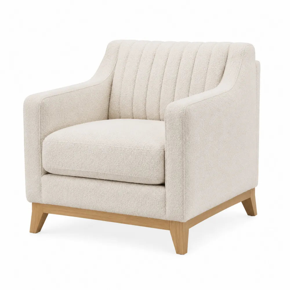 Poltrona in tessuto poliestere beige con gambe in legno