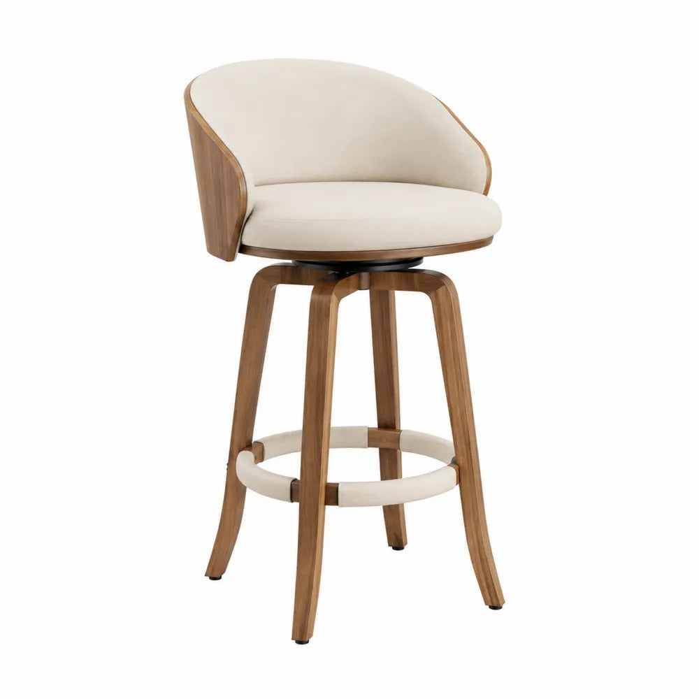 Sgabello in legno e poliestere beige con schienale curvo