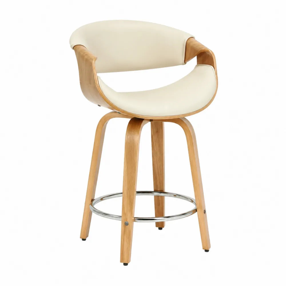 Sgabello da bar in legno con seduta in ecopelle crema, altezza 95 cm