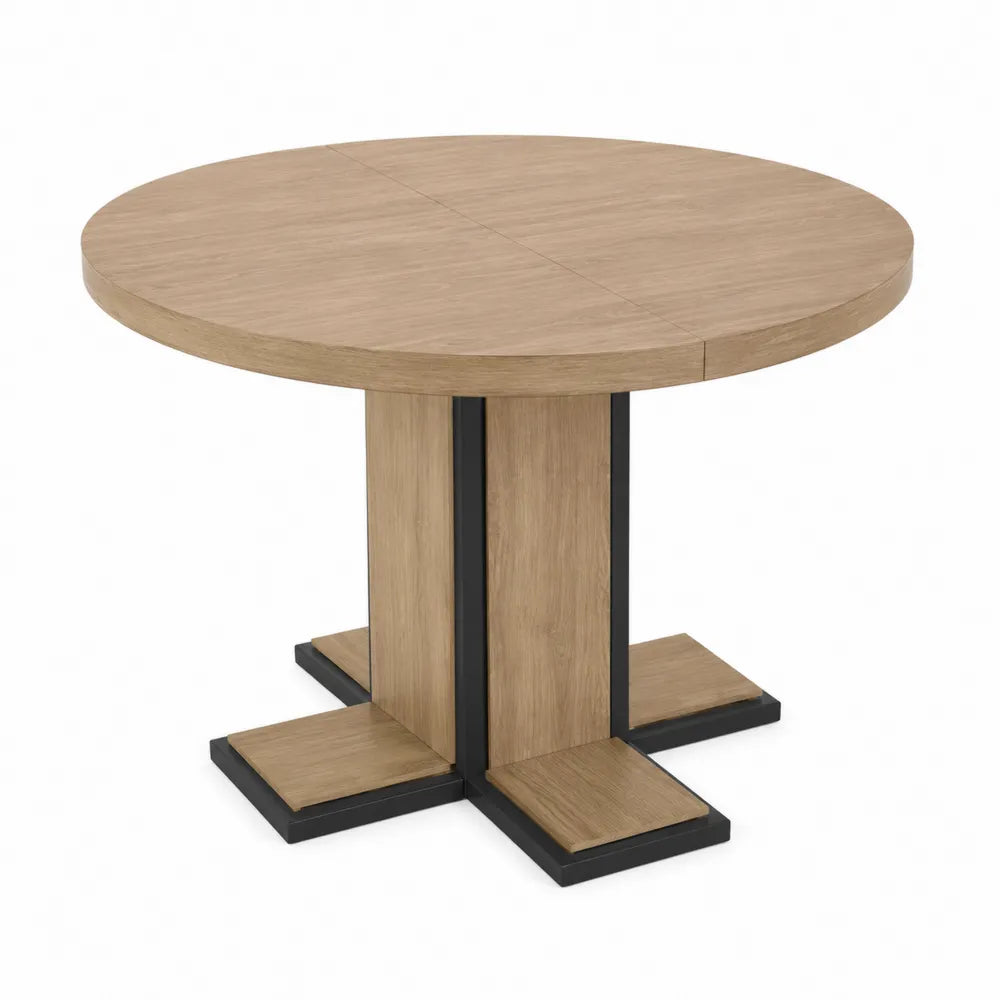 Tavolo da pranzo rotondo in legno con inserti in metallo Ø120 cm