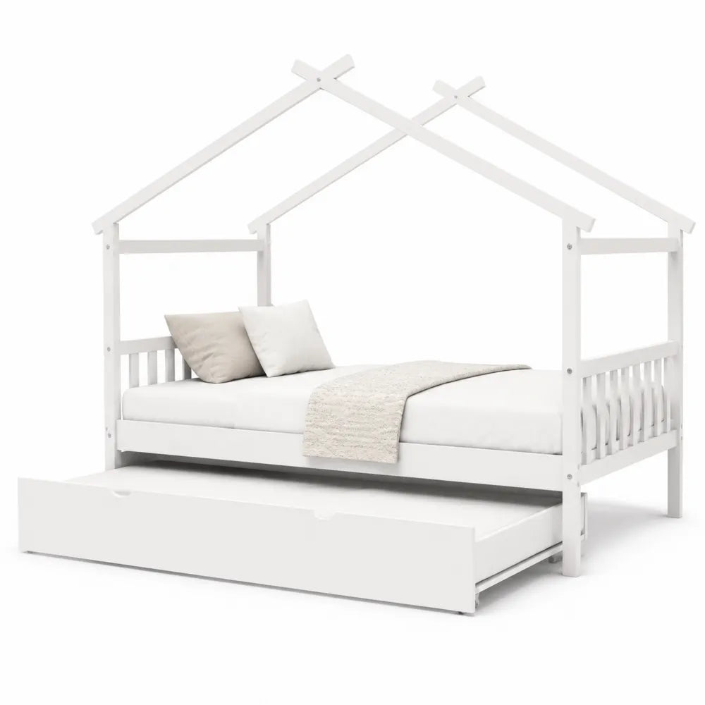 Letto a Casetta con Materasso e Cassetto Estraibile in Legno Bianco