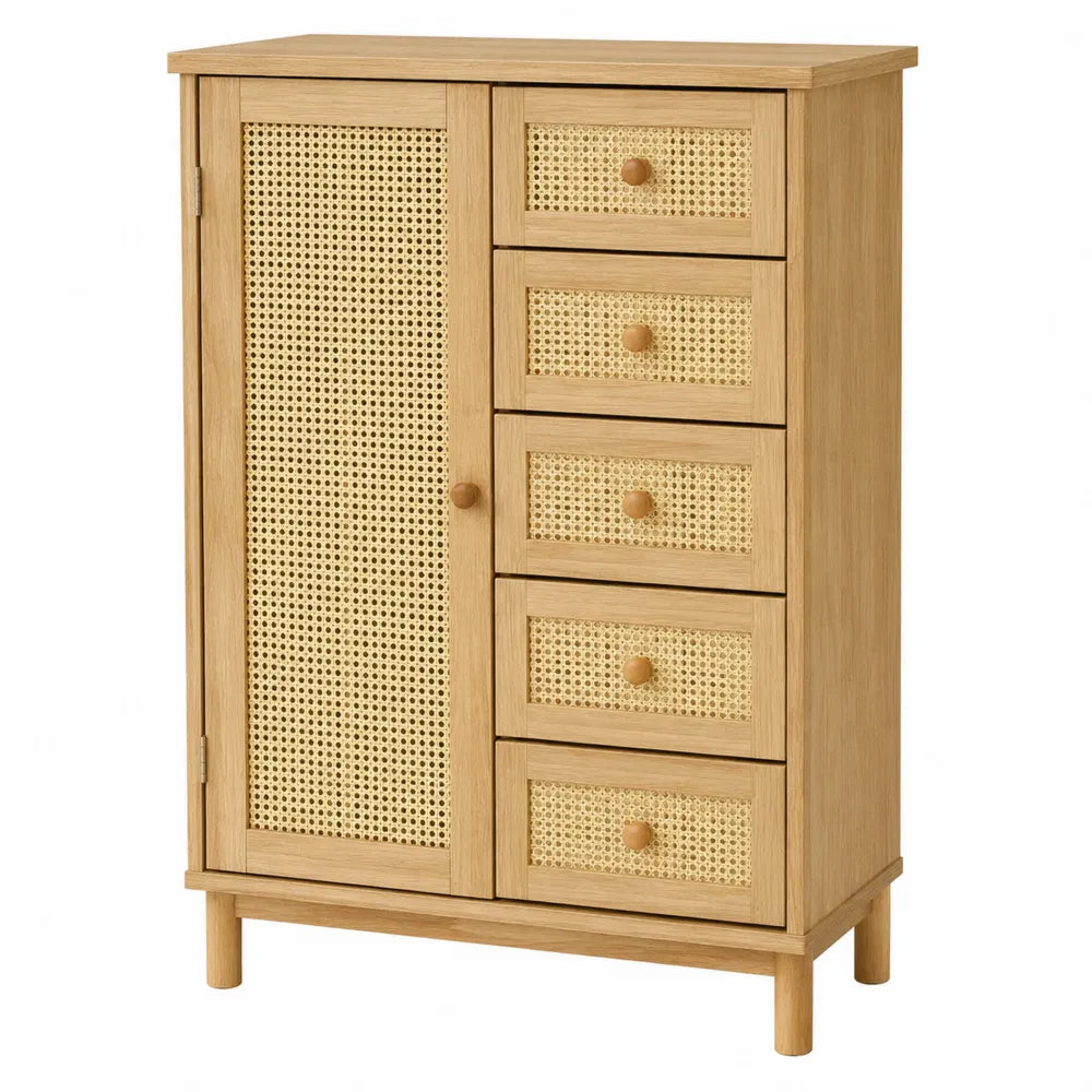 Armadio in legno e rattan con 5 cassetti 110x75x40 cm