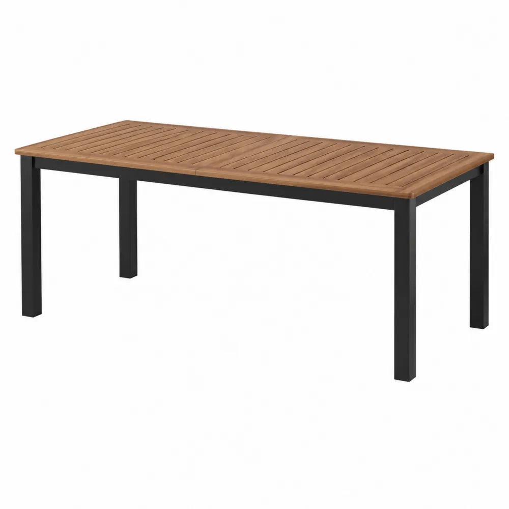 Tavolo da esterno con piano in legno di acacia e struttura in acciaio nero 200x100x75 cm