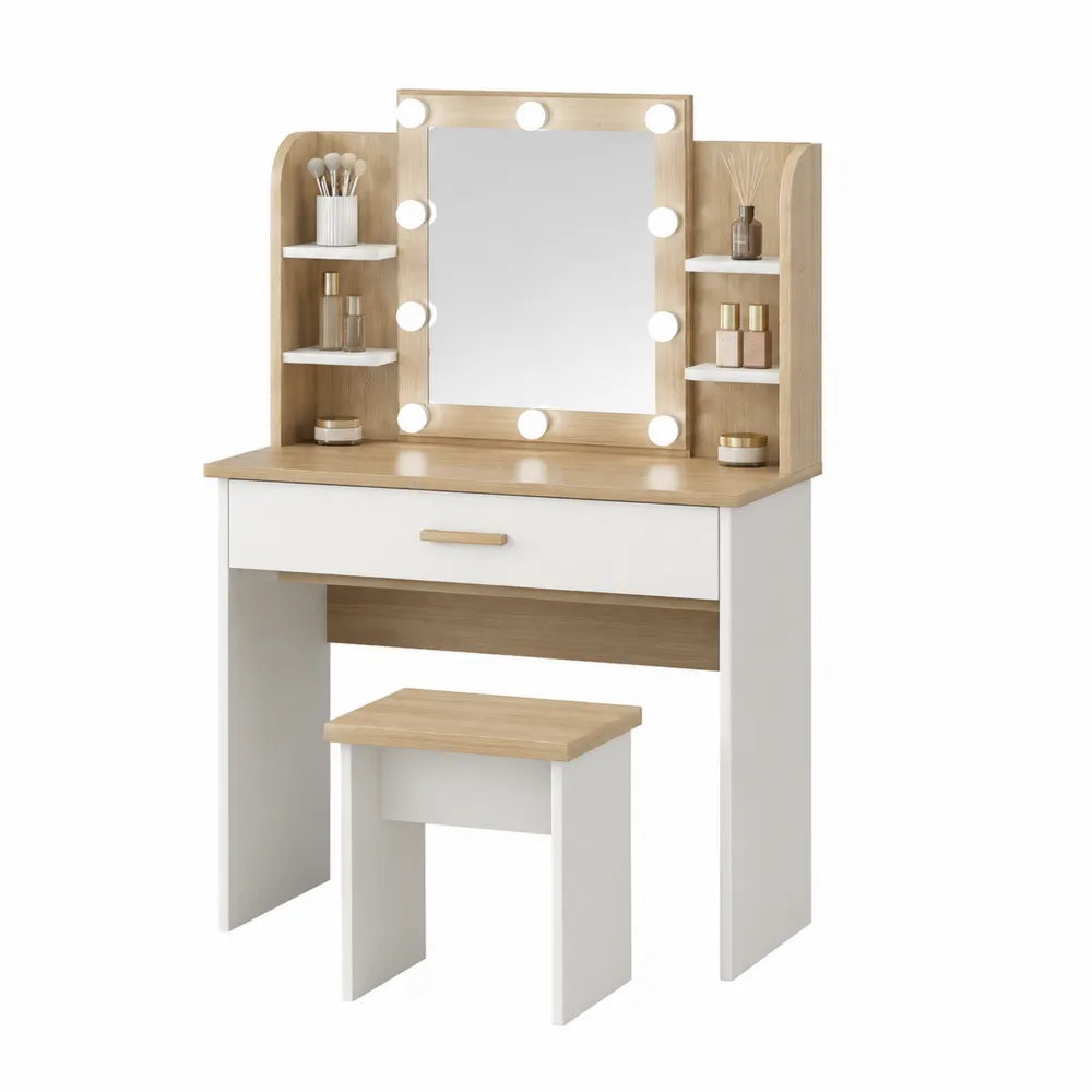 Toletta con Specchio Illuminato in Legno Laminato Bianco e Rovere con Sgabello