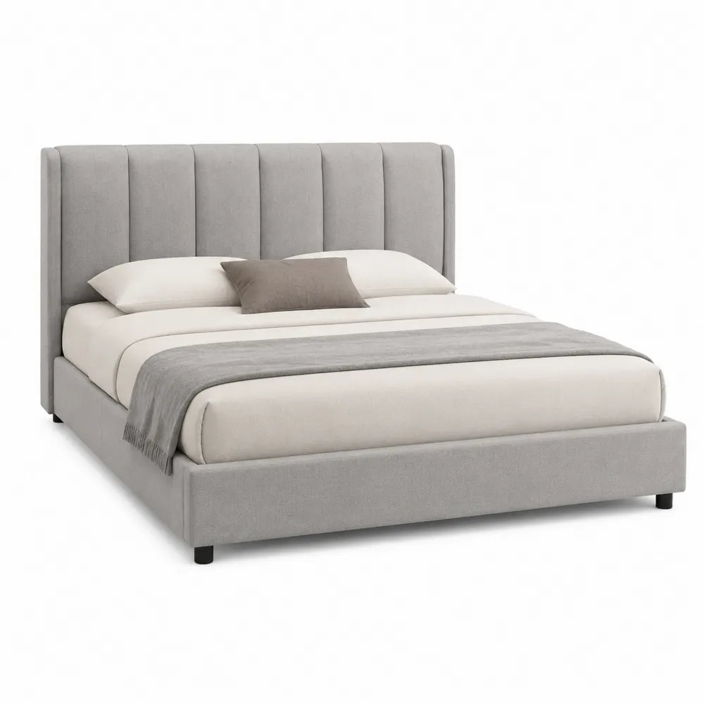 Letto matrimoniale in tessuto grigio con testiera imbottita, 200x160 cm
