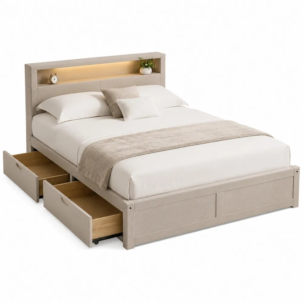 Letto matrimoniale in legno con cassetti e illuminazione LED 200x160 cm