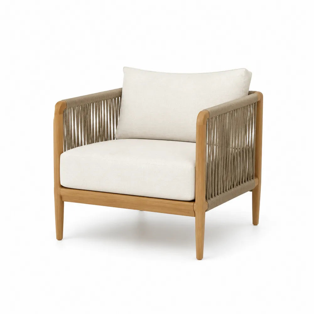Poltrona in legno teak e corda con cuscini crema
