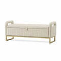 Panca con contenitore in velluto beige e base in metallo dorato