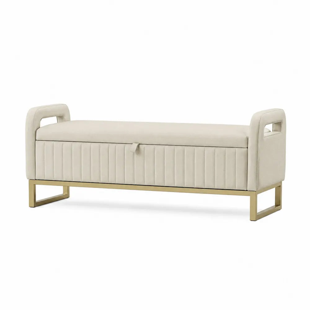 Panca con contenitore in velluto beige e base in metallo dorato