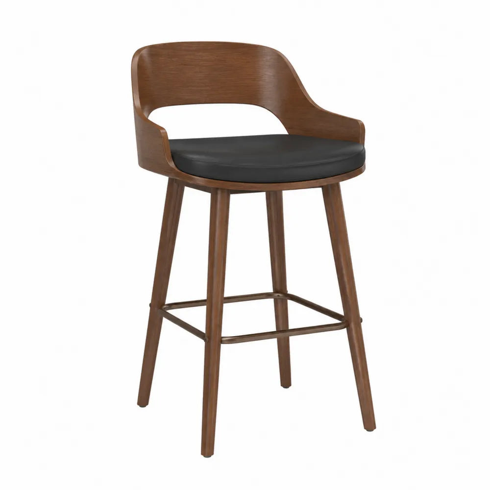 Sgabello da Bar in Legno con Rivestimento in Pelle Sintetica Nera