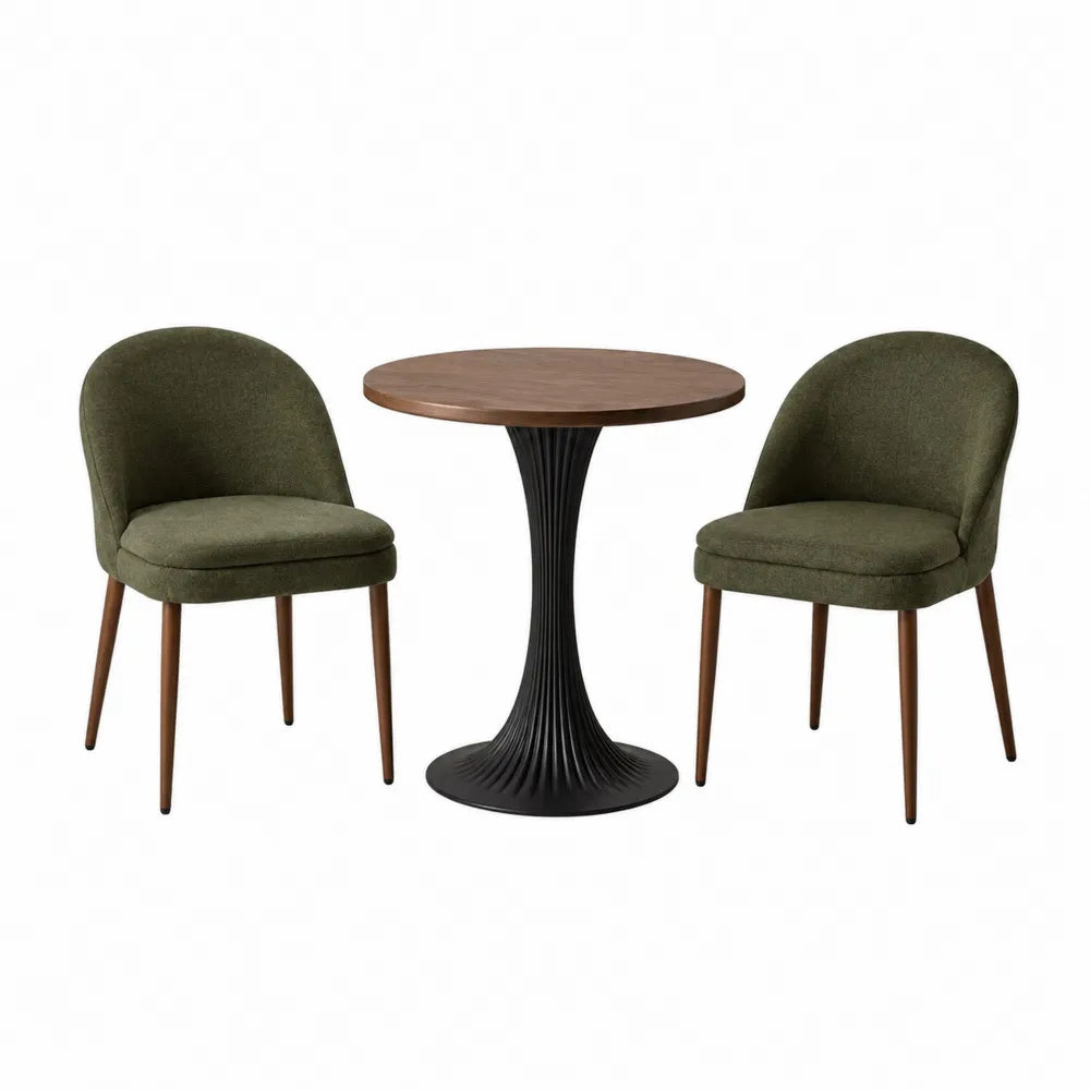 Set tavolo rotondo e sedie in legno e metallo, verde oliva
