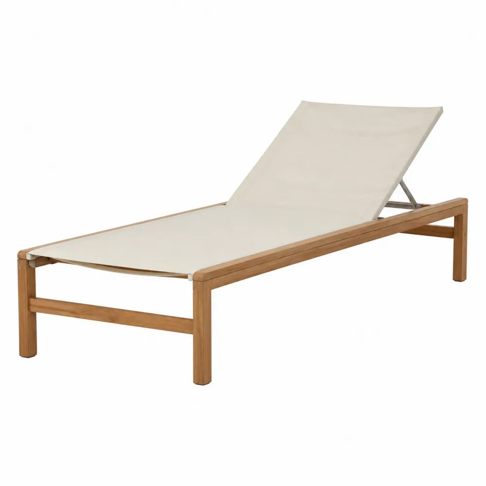 Lettino prendisole in legno di teak e tessuto poliestere bianco