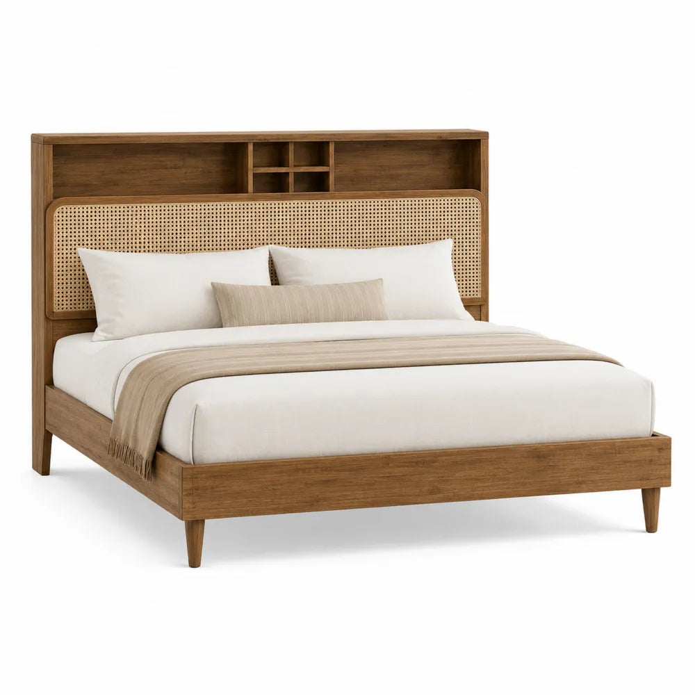 Letto matrimoniale in legno con testiera in rattan e vano portaoggetti