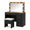 Tavolo da trucco in MDF nero e legno con specchio illuminato e sgabello