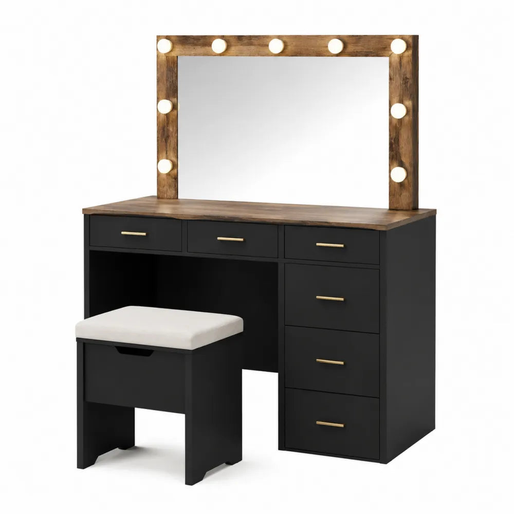 Tavolo da trucco in MDF nero e legno con specchio illuminato e sgabello