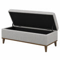 Panca contenitore in tessuto grigio con gambe in legno