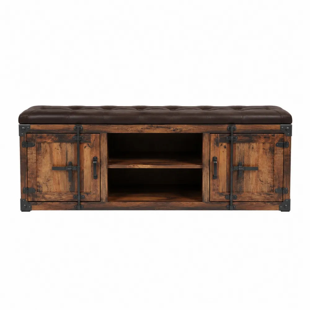 Panca in legno con cuscino in pelle sintetica marrone