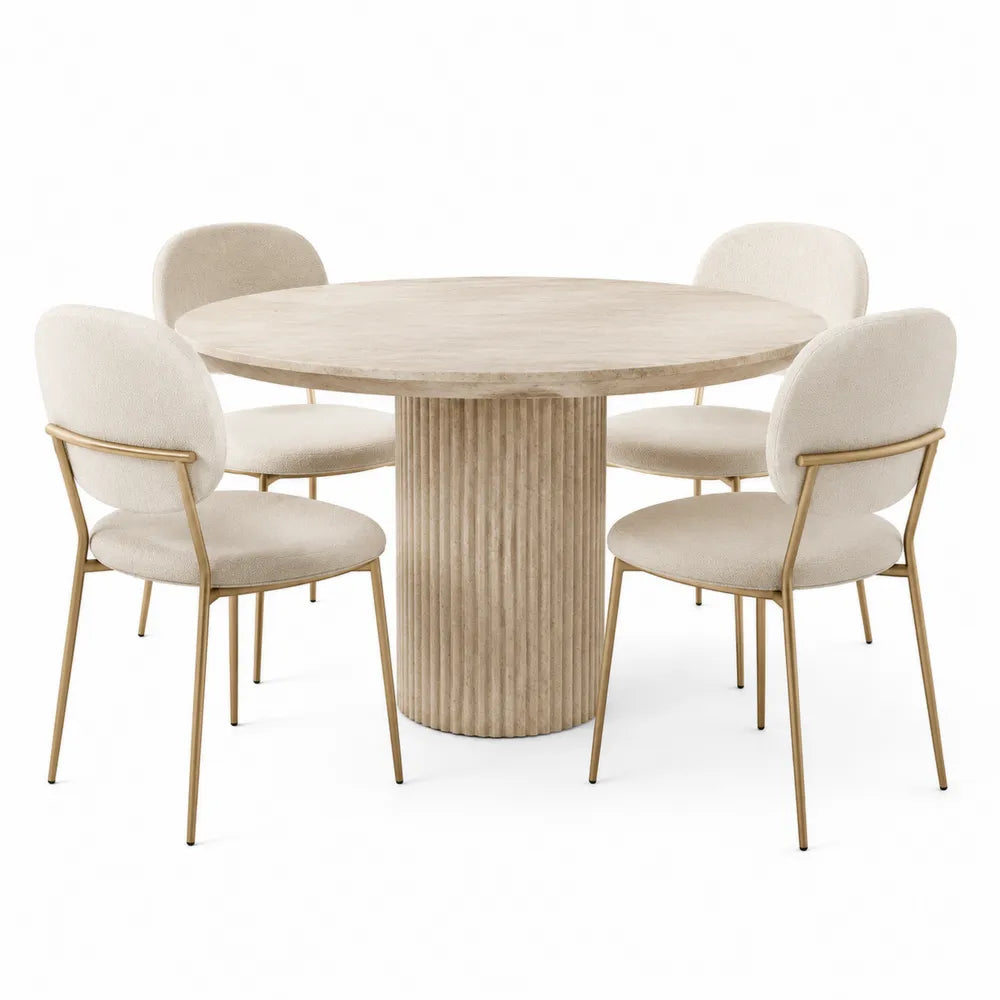 Set tavolo rotondo in legno con sedie in metallo beige