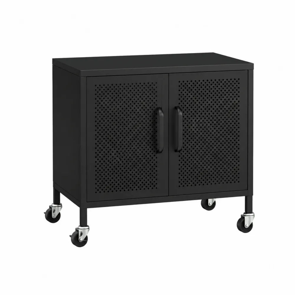 Armadio in metallo nero con ante perforate e ruote 90x45x75 cm