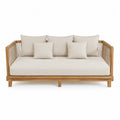 Divano da giorno in legno teak e tessuto beige con cuscini